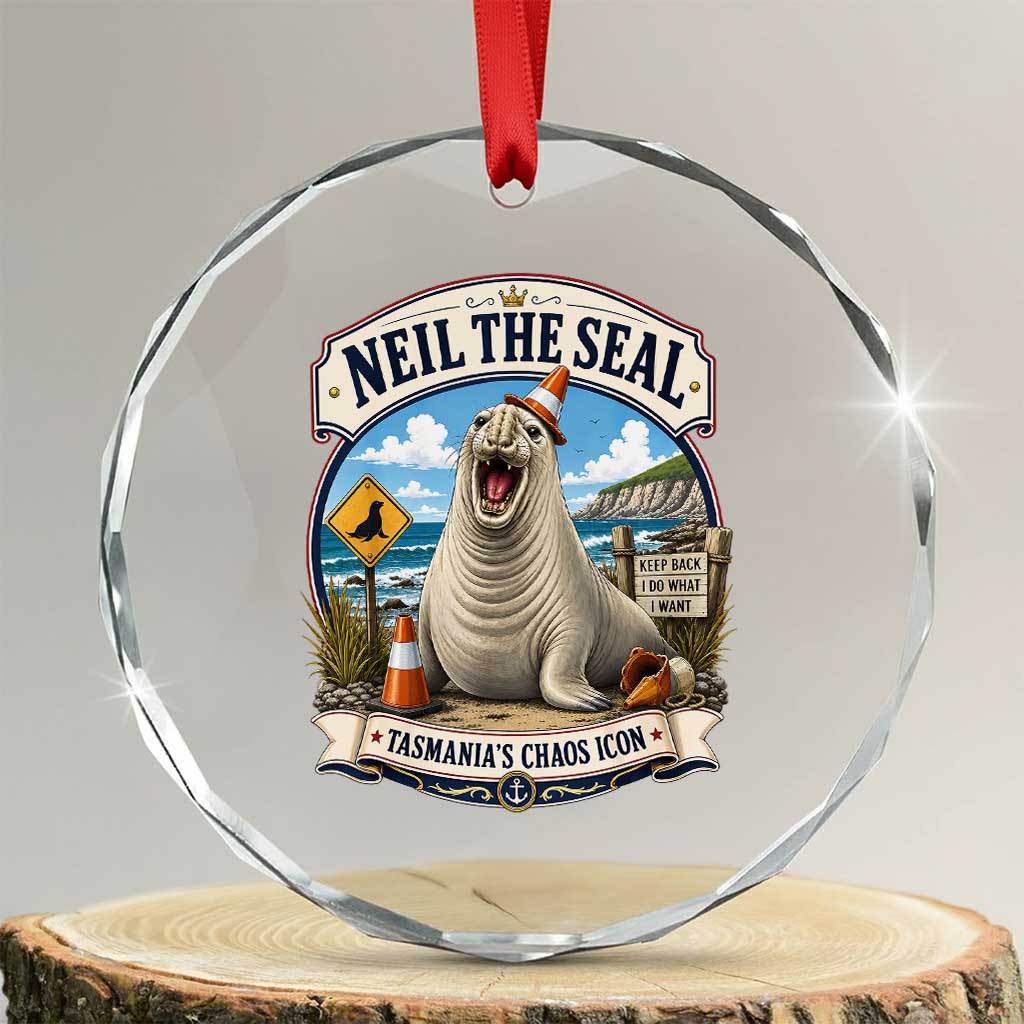Retro Neil the Seal Tasmanias Chaos Icon Crystal Glass Ornament Funny Roaring Elephant Seal Traffic Cone Meme TS02 Transparent Glass 3'' Circle Print Your Wear