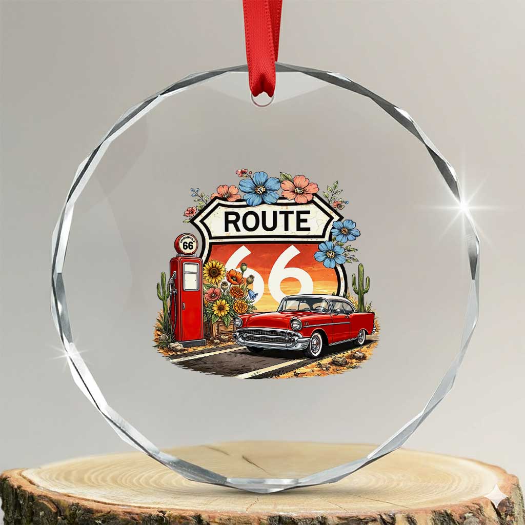 Retro Route Highway 66 Crystal Glass Ornament Boho Wildflower Americana Floral TS12 Transparent Glass 3'' Circle Print Your Wear