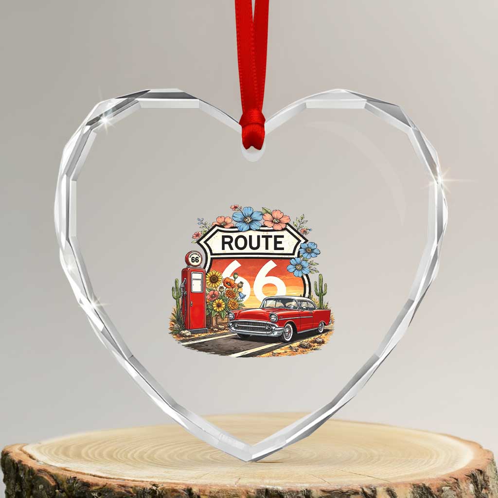 Retro Route Highway 66 Heart Crystal Glass Ornament Boho Wildflower Americana Floral TS12 Transparent Glass 3'' Heart Print Your Wear