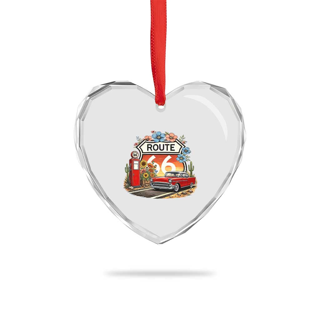 Retro Route Highway 66 Heart Crystal Glass Ornament Boho Wildflower Americana Floral TS12 Print Your Wear