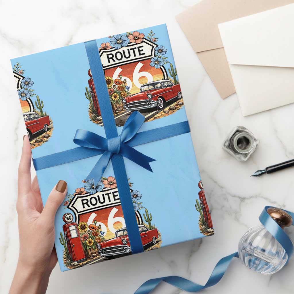 Retro Route Highway 66 Wrapping Paper Roll Boho Wildflower Americana Floral TS12 Light Blue Print Your Wear