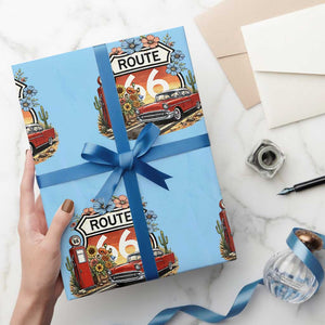 Retro Route Highway 66 Wrapping Paper Roll Boho Wildflower Americana Floral TS12 Light Blue Print Your Wear
