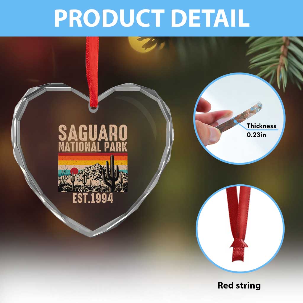 Retro Saguaro National Park Arizona EST 1994 Heart Crystal Glass Ornament Desert Cactus Sunset Hiking Camping Nature Souvenir