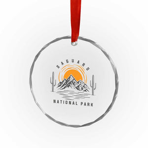 Retro Saguaro National Park Sunset Graphic Crystal Glass Ornament Vintage Arizona Desert Mountain Badge Souvenir