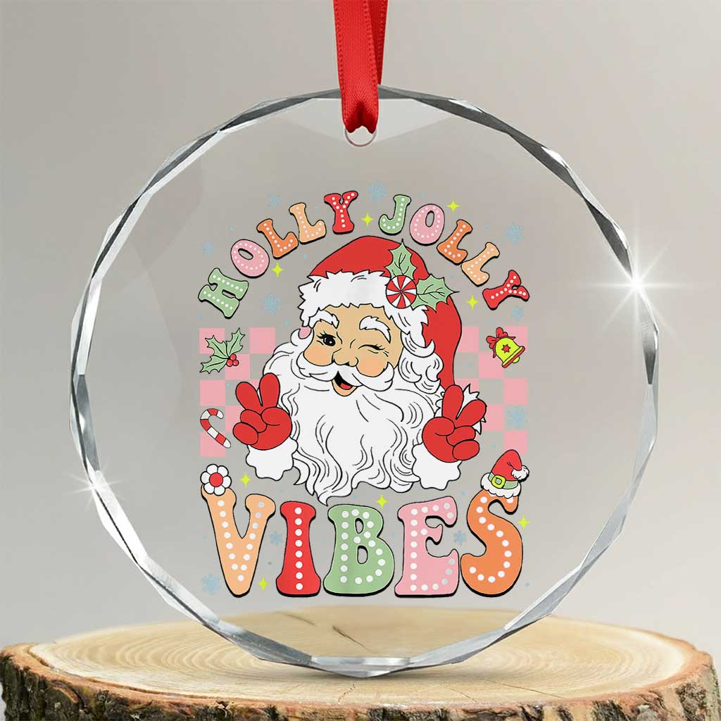 Retro Santa Xmas Crystal Glass Ornament Groovy Cute Santa Claus Christmas Vibes Xmas TS02 Transparent Glass 3'' Circle Print Your Wear