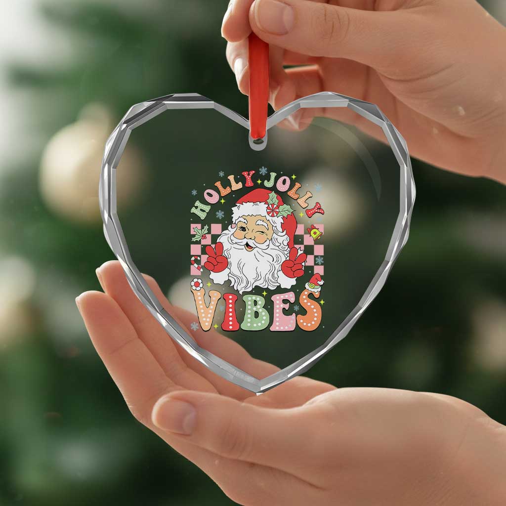 Retro Santa Xmas Heart Crystal Glass Ornament Groovy Cute Santa Claus Christmas Vibes Xmas TS02 Print Your Wear