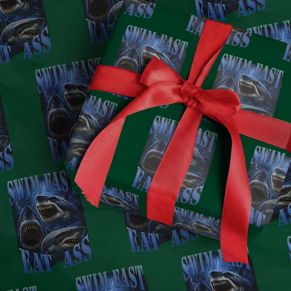 Retro Sharks Wrapping Paper Roll Swim Fast Eat Ass Vintage 90s Bootleg Graphic TS10 Green Print Your Wear