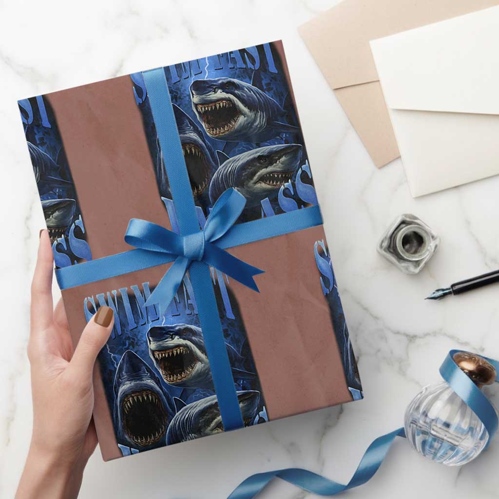 Retro Sharks Wrapping Paper Roll Swim Fast Eat Ass Vintage 90s Bootleg Graphic TS10 Mocha Print Your Wear