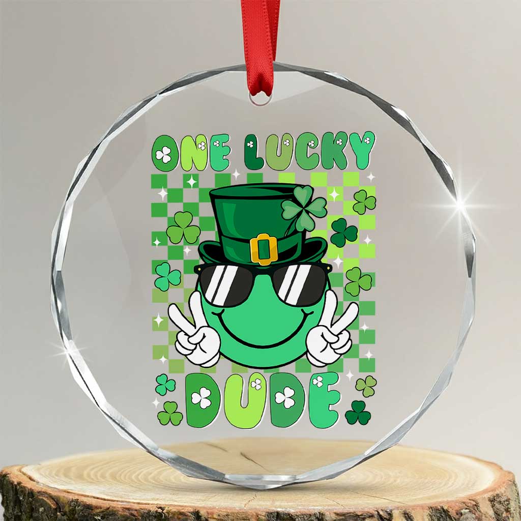 Retro St Patrick's Day Crystal Glass Ornament One Lucky Dude Green Checkered Heart Groovy TS02 Transparent Glass 3'' Circle Print Your Wear