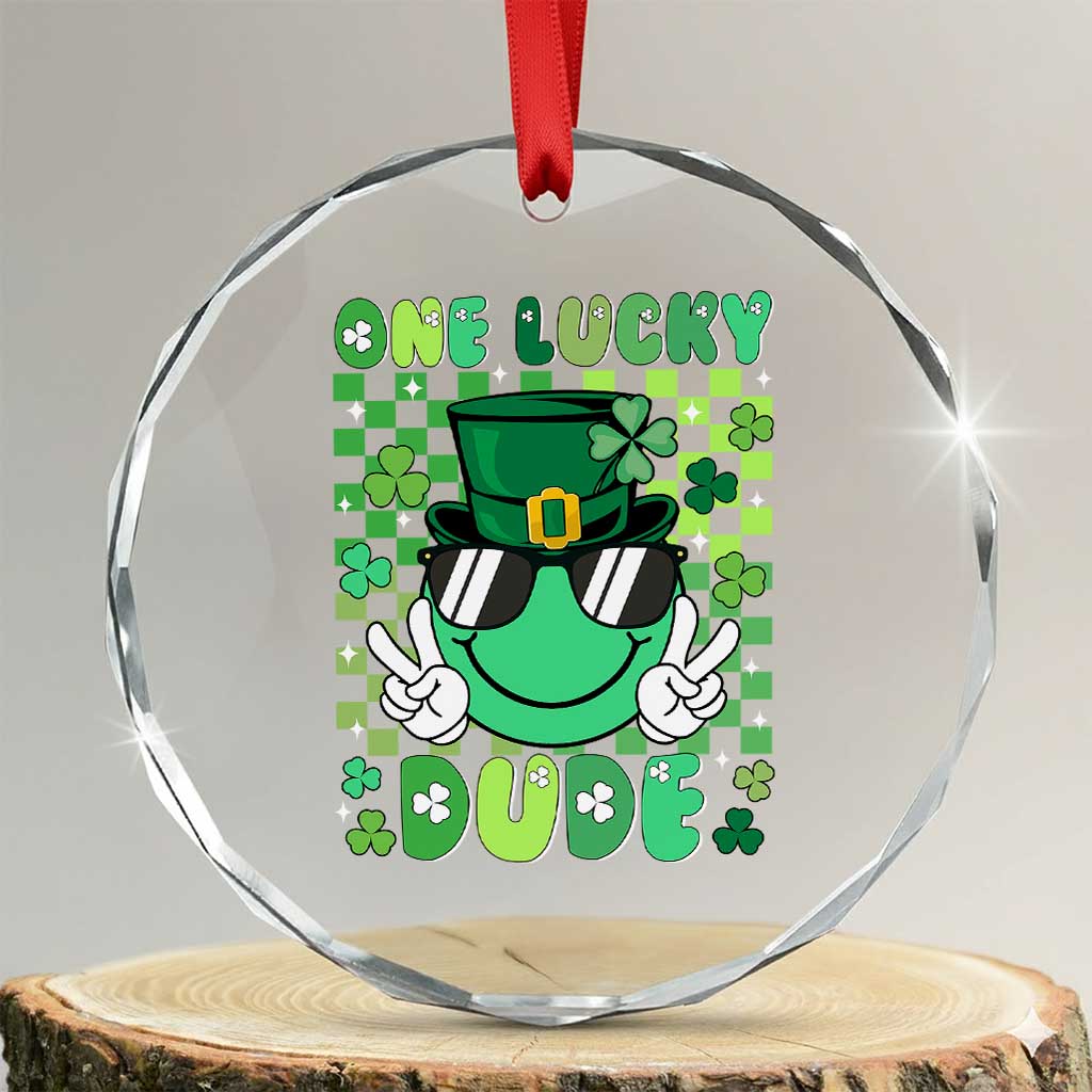 Retro St Patrick's Day Crystal Glass Ornament One Lucky Dude Green Checkered Heart Groovy TS02 Transparent Glass 3'' Circle Print Your Wear