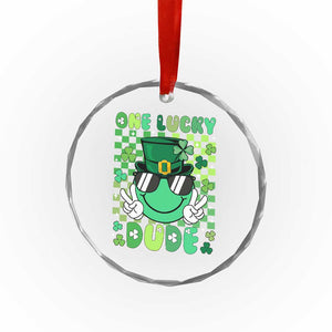 Retro St Patrick's Day Crystal Glass Ornament One Lucky Dude Green Checkered Heart Groovy - Print Your Wear