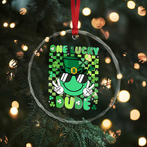 Retro St Patrick's Day Crystal Glass Ornament One Lucky Dude Green Checkered Heart Groovy - Print Your Wear