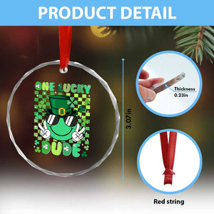 Retro St Patrick's Day Crystal Glass Ornament One Lucky Dude Green Checkered Heart Groovy TS02 Print Your Wear