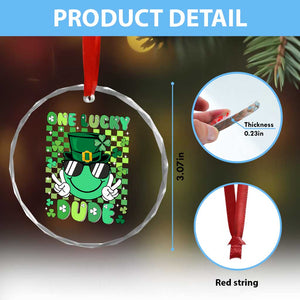 Retro St Patrick's Day Crystal Glass Ornament One Lucky Dude Green Checkered Heart Groovy - Print Your Wear