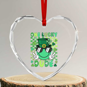 Retro St Patrick's Day Heart Crystal Glass Ornament One Lucky Dude Green Checkered Heart Groovy TS02 Transparent Glass 3'' Heart Print Your Wear