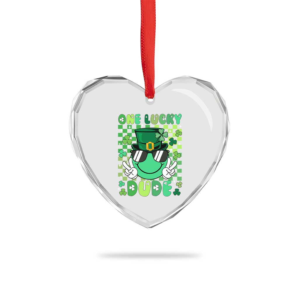 Retro St Patrick's Day Heart Crystal Glass Ornament One Lucky Dude Green Checkered Heart Groovy TS02 Print Your Wear