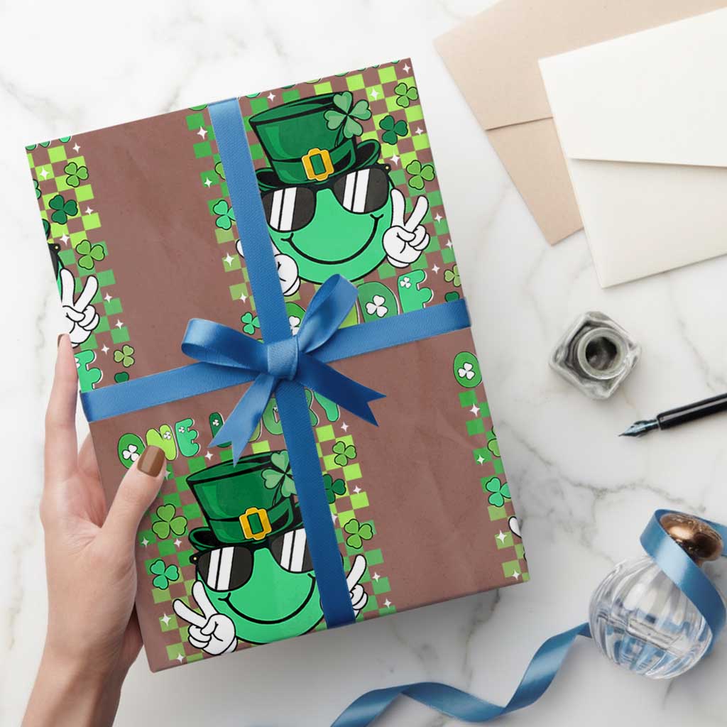 Retro St Patrick's Day Wrapping Paper Roll One Lucky Dude Green Checkered Heart Groovy TS02 Mocha Print Your Wear
