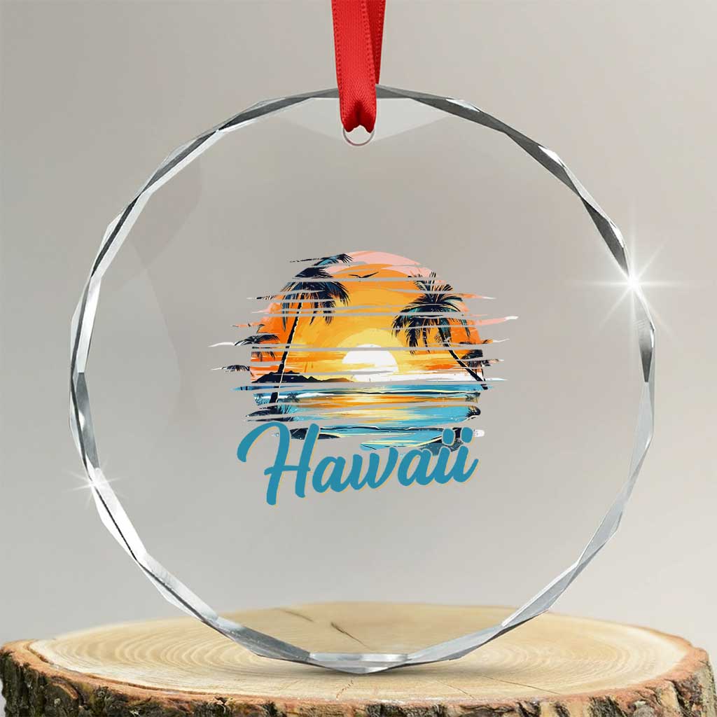 Retro Sunset Palm Tree Hawaii Crystal Glass Ornament Tropical Vacation Graphic TS12 Transparent Glass 3'' Circle Print Your Wear