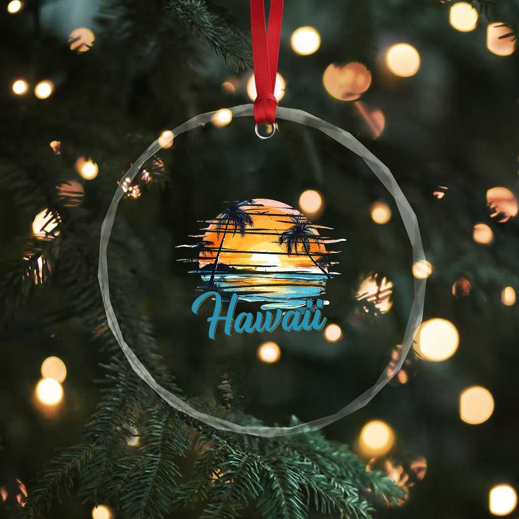 Retro Sunset Palm Tree Hawaii Crystal Glass Ornament Tropical Vacation Graphic
