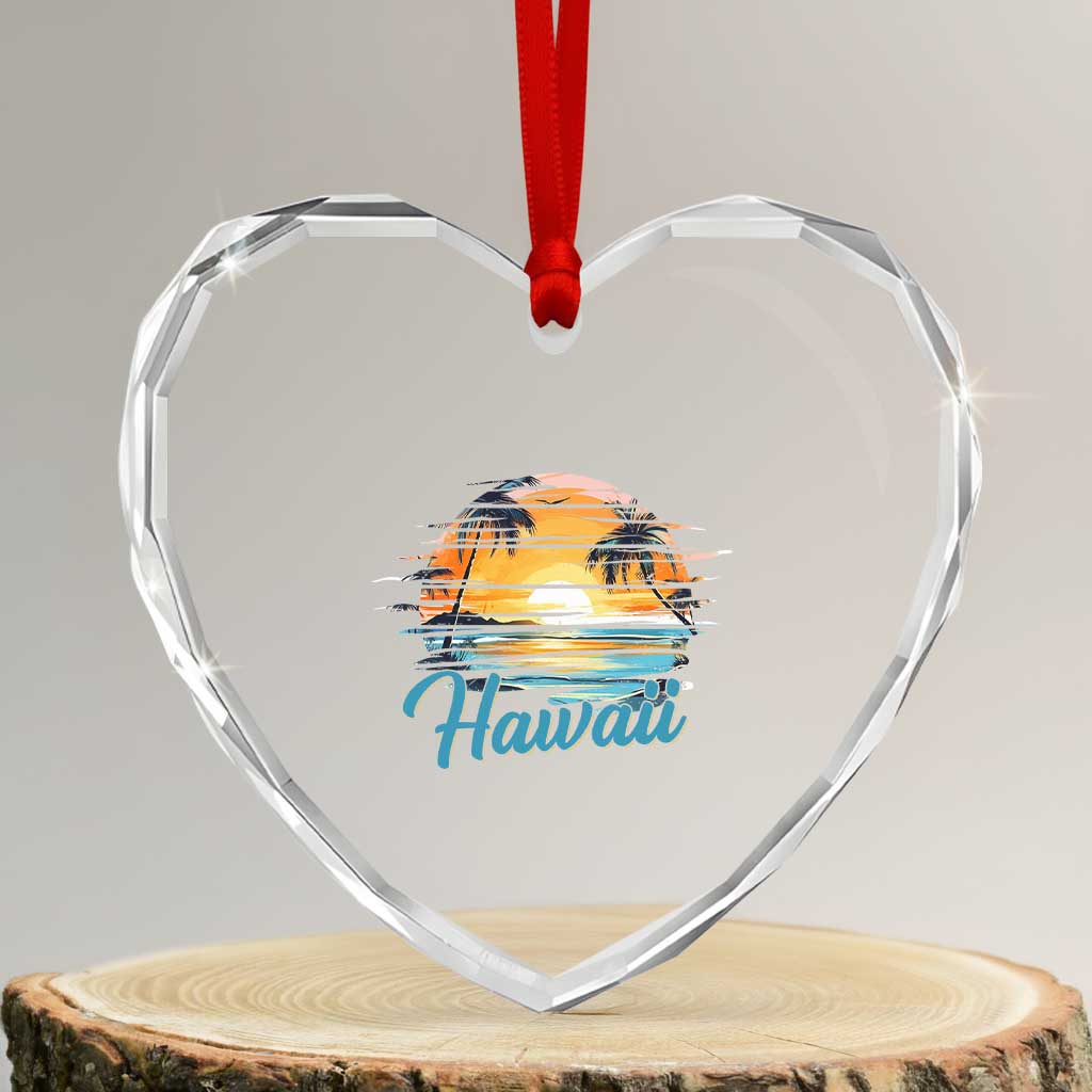 Retro Sunset Palm Tree Hawaii Heart Crystal Glass Ornament Tropical Vacation Graphic TS12 Transparent Glass 3'' Heart Print Your Wear