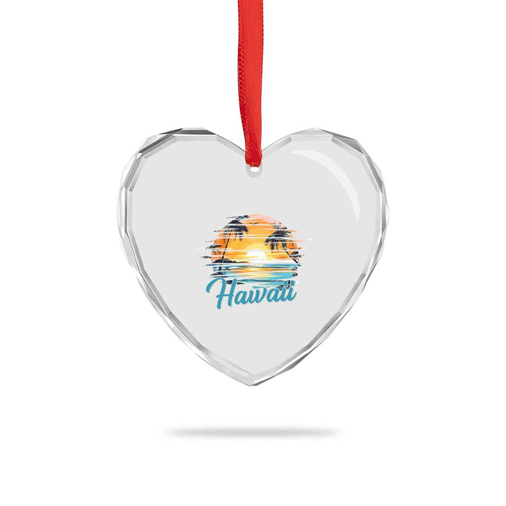 Retro Sunset Palm Tree Hawaii Heart Crystal Glass Ornament Tropical Vacation Graphic