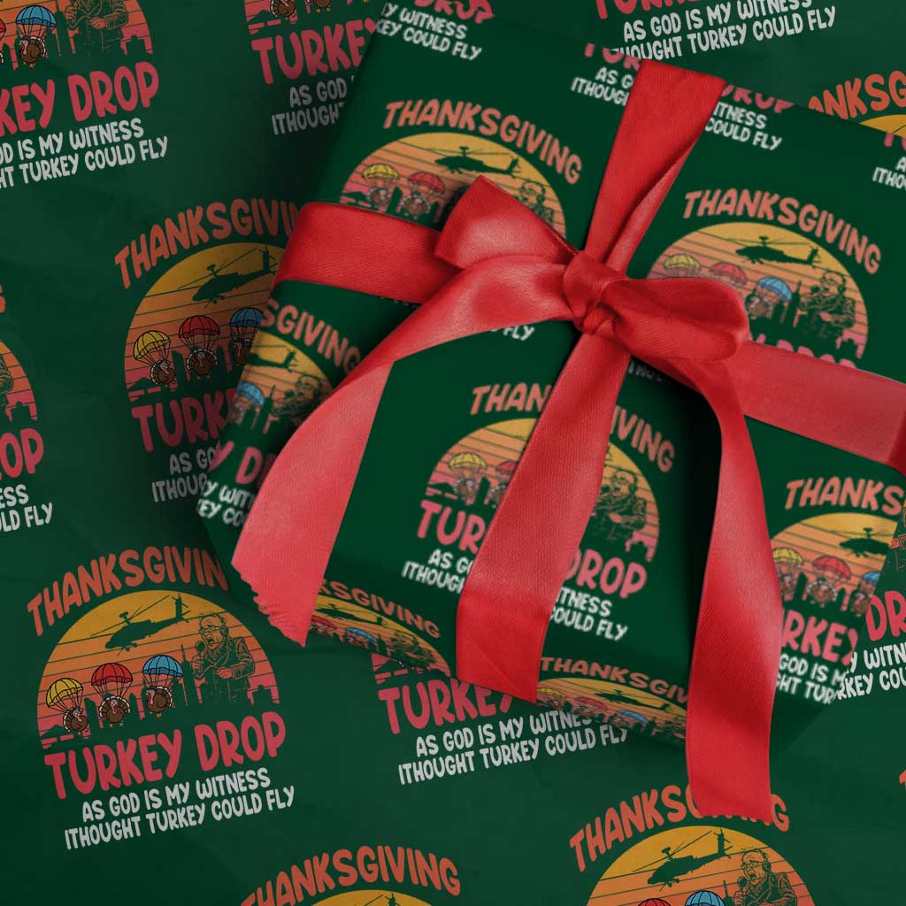Retro Thanksgiving Turkey Drop Wrapping Paper Roll Parachuting Turkeys Funny 70s Parody TS02 Green Print Your Wear
