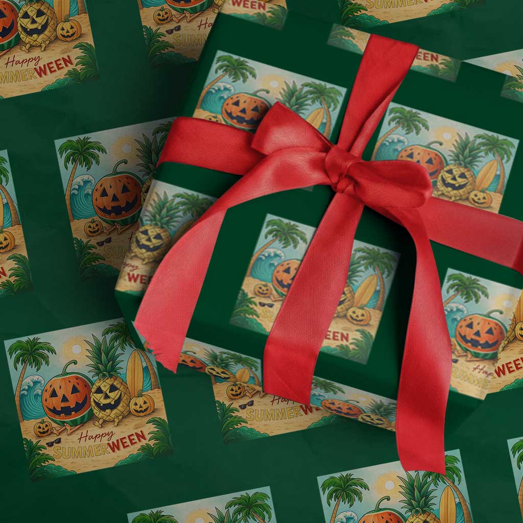 Retro Tropical Summerween Wrapping Paper Roll Halloween Summer Beach Cocktail Boo TS02 Green Print Your Wear