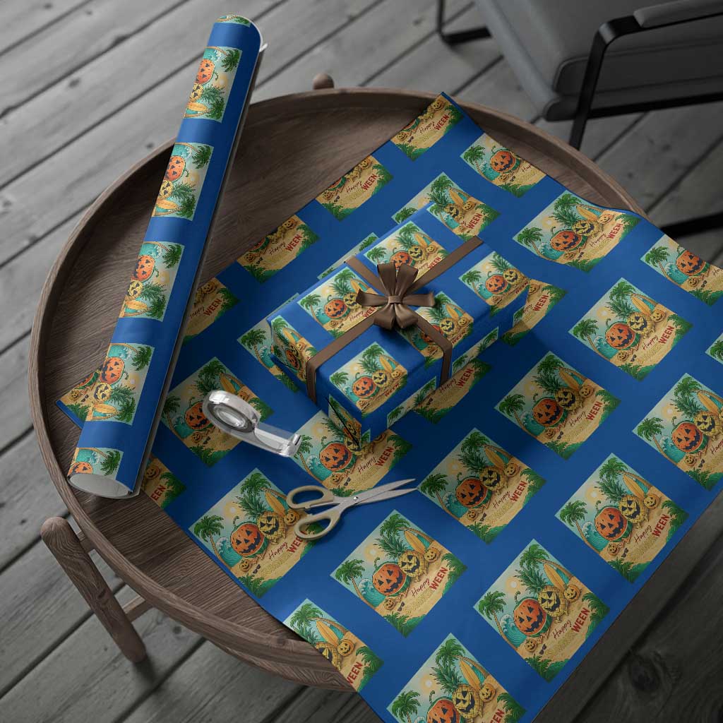 Retro Tropical Summerween Wrapping Paper Roll Halloween Summer Beach Cocktail Boo TS02 Blue Print Your Wear