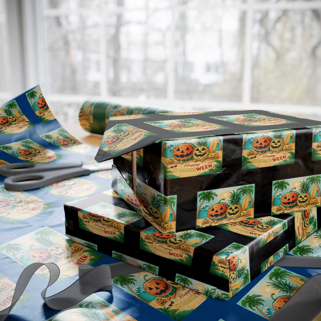 Retro Tropical Summerween Wrapping Paper Roll Halloween Summer Beach Cocktail Boo TS02 Black Print Your Wear