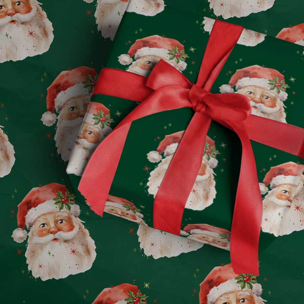 Retro Vintage Christmas Santa Claus Face Xmas Old Fashioned Wrapping Paper Roll TS02 Green Print Your Wear