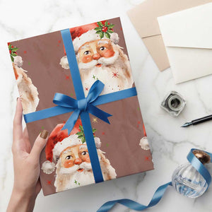 Retro Vintage Christmas Santa Claus Face Xmas Old Fashioned Wrapping Paper Roll TS02 Mocha Print Your Wear