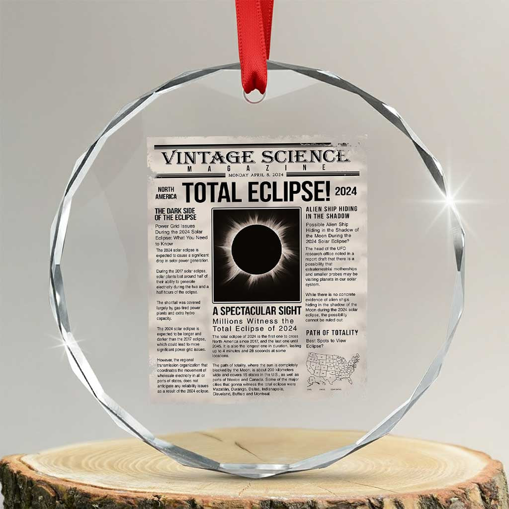 Retro Vintage Science Magazine Total Solar Eclipse 2024 Crystal Glass Ornament Historic Totality Astronomy Geek Memorabilia TS02 Transparent Glass 3'' Circle Print Your Wear