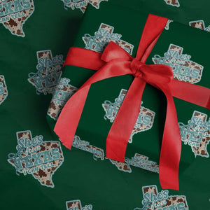 Retro Western She is From Texas I Can Tell Wrapping Paper Roll Trendy Turquoise Glitter Coquette and Cow Print Effect Graphic