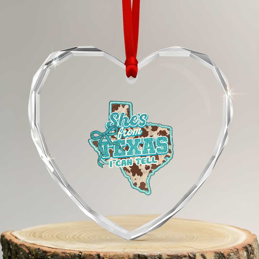 Retro Western She is From Texas I Can Tell Heart Crystal Glass Ornament Trendy Turquoise Glitter Coquette and Cow Print Effect Graphic