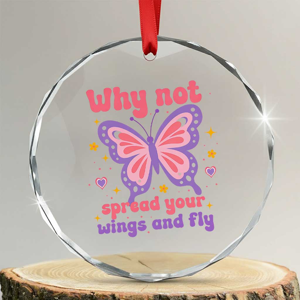 Retro Y2K Groovy Pink Butterfly Inspirational Crystal Glass Ornament Why Not Spread Your Wings And Fly Female Empowerment TS02 Transparent Glass 3'' Circle Print Your Wear
