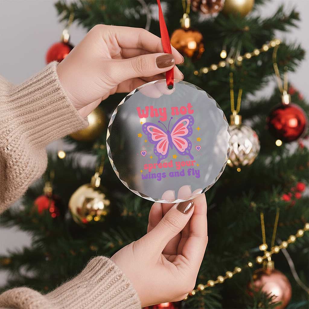 Retro Y2K Groovy Pink Butterfly Inspirational Crystal Glass Ornament Why Not Spread Your Wings And Fly Female Empowerment