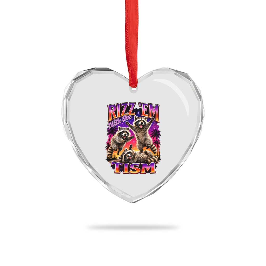 Rizz Em With The Tism Funny Raccoon Heart Crystal Glass Ornament Trash Panda Vintage Bootleg Graphic