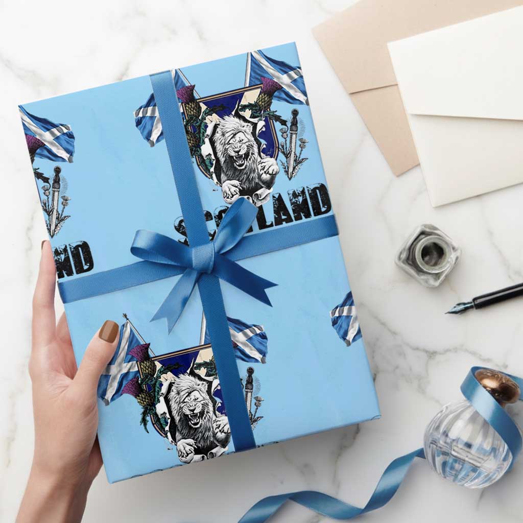Roaring Scottish Lion Crest Wrapping Paper Roll Thistle Scotland Flag Emblem for Brave Highlanders TS02 Light Blue Print Your Wear