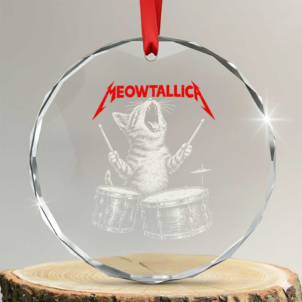 Rock On Vintage Drummer Cat Crystal Glass Ornament Vintage 90s 80s Band Style Gift for Cat Owners TS10 Transparent Glass 3'' Circle Print Your Wear
