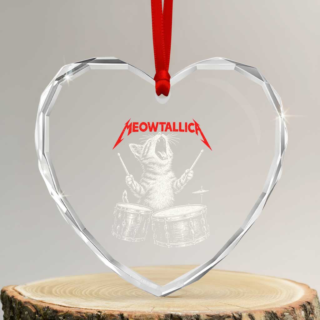 Rock On Vintage Drummer Cat Heart Crystal Glass Ornament Vintage 90s 80s Band Style Gift for Cat Owners TS10 Transparent Glass 3'' Heart Print Your Wear