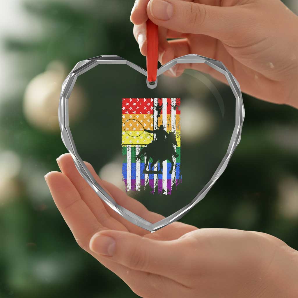 Rodeo Gay Cowboy Western LGBTQ Rainbow Flag Heart Crystal Glass Ornament
