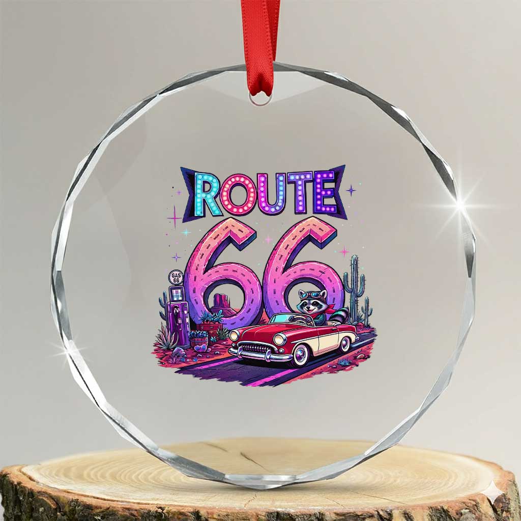 Route Highway 66 Americana Adventure Crystal Glass Ornament Cute Raccoon Driving Car TS12 Transparent Glass 3'' Circle Print Your Wear