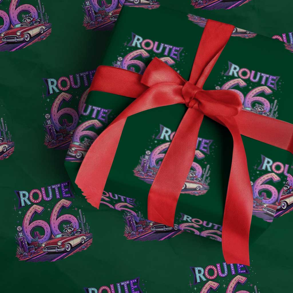 Route Highway 66 Americana Adventure Wrapping Paper Roll Cute Raccoon Driving Car TS12 Green Print Your Wear