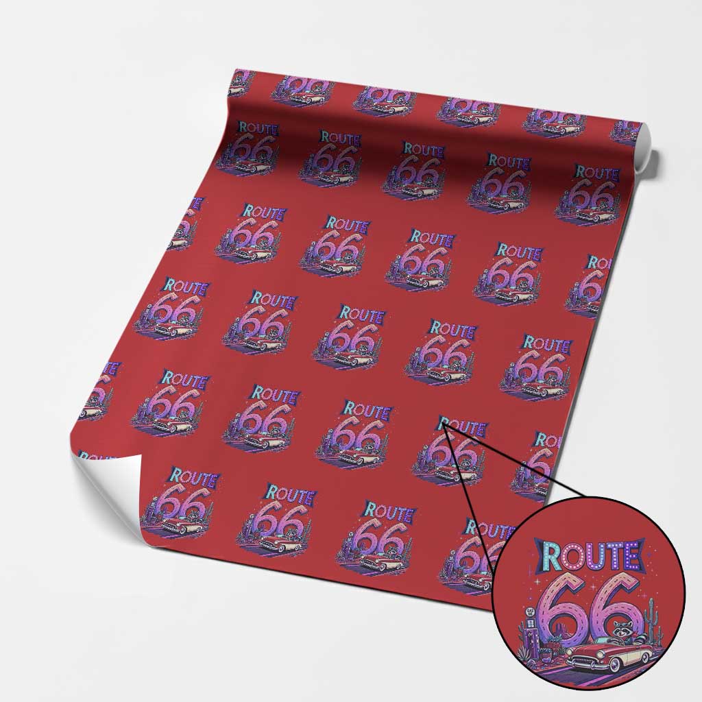 Route Highway 66 Americana Adventure Wrapping Paper Roll Cute Raccoon Driving Car TS12 Red Print Your Wear
