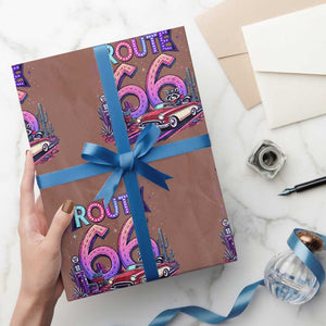 Route Highway 66 Americana Adventure Wrapping Paper Roll Cute Raccoon Driving Car TS12 Mocha Print Your Wear