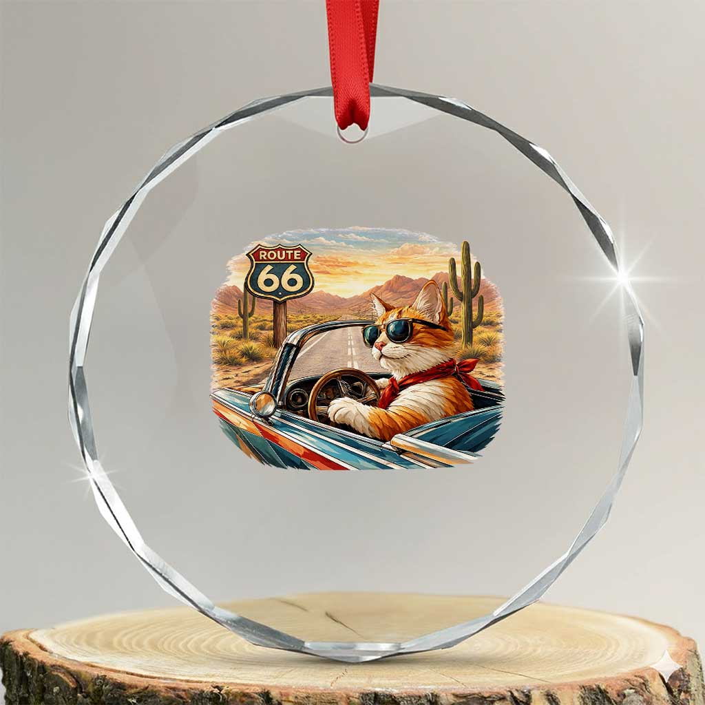 Route Highway 66 Cat Crystal Glass Ornament Americana Road Trip TS12 Transparent Glass 3'' Circle Print Your Wear