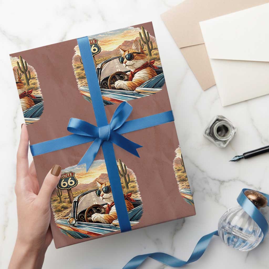 Route Highway 66 Cat Wrapping Paper Roll Americana Road Trip TS12 Mocha Print Your Wear
