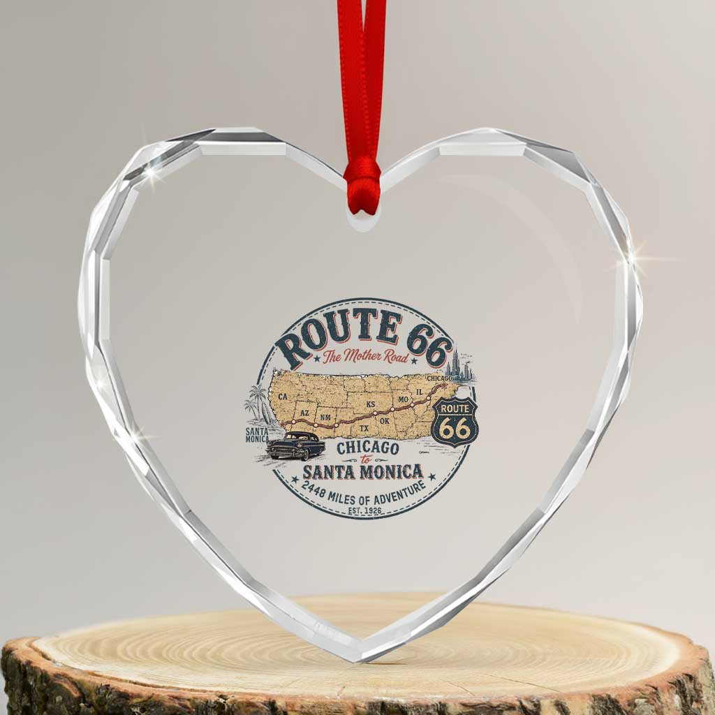 Route Highway 66 Map Chicago to Santa Monica Heart Crystal Glass Ornament Vintage America Road Trip Americana