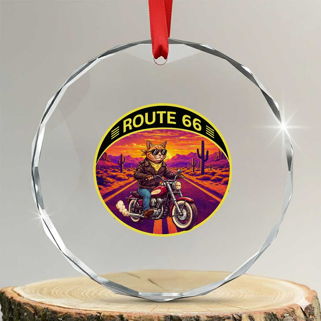 Route Highway 66 Motorcycle Cat Crystal Glass Ornament Open Road Adventure Neon TS12 Transparent Glass 3'' Circle Print Your Wear