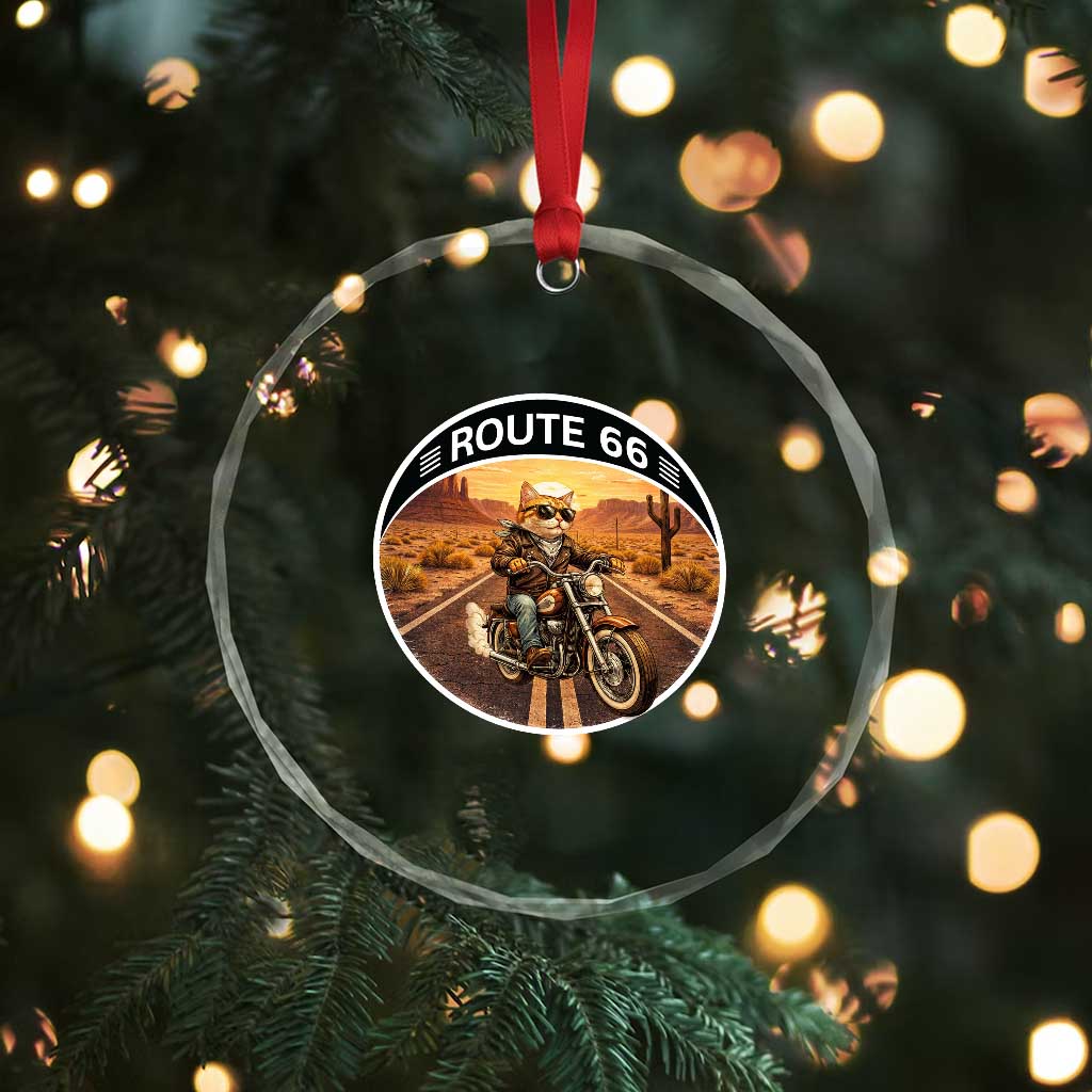 Route Highway 66 Motorcycle Cat Crystal Glass Ornament Road Trip Adventure TS12 Print Your Wear